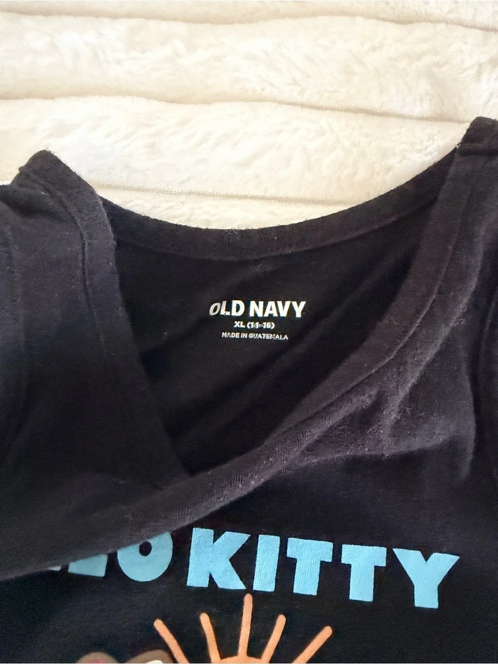 Old Navy Black Hello Kitty Tank Top with Blue Text and Multicolor Graphic